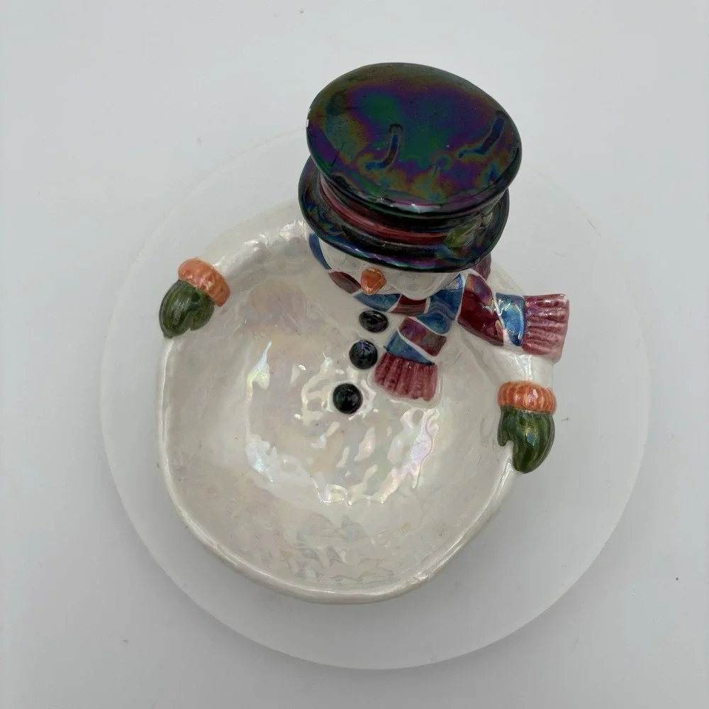 Ceramic Snowman Christmas Festive Candy Bowl Iridescent Glossy‎ Vintage